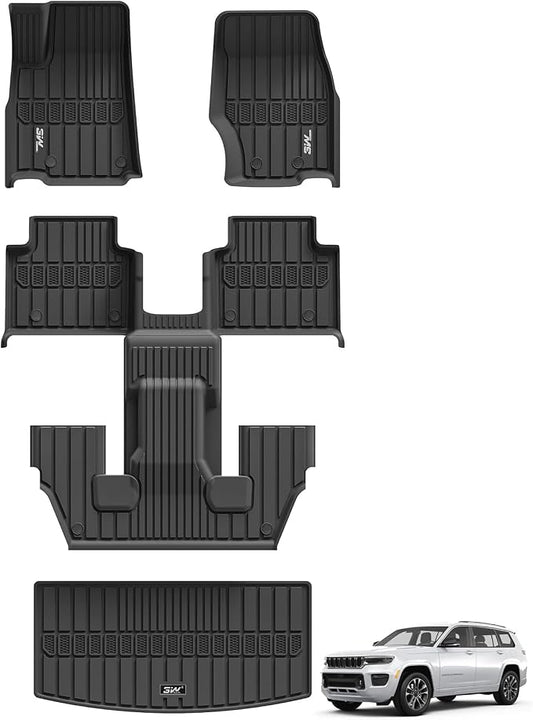 3W Floor Mats & Cargo Liner Fit for Jeep Grand Cherokee L 2021-2025 2026 All Weather TPE Custom Fit Floor Liner for 1-3 Rows&Trunk (ONLY for 6-Passenger Without Center Console) Full Set Car Mats Black