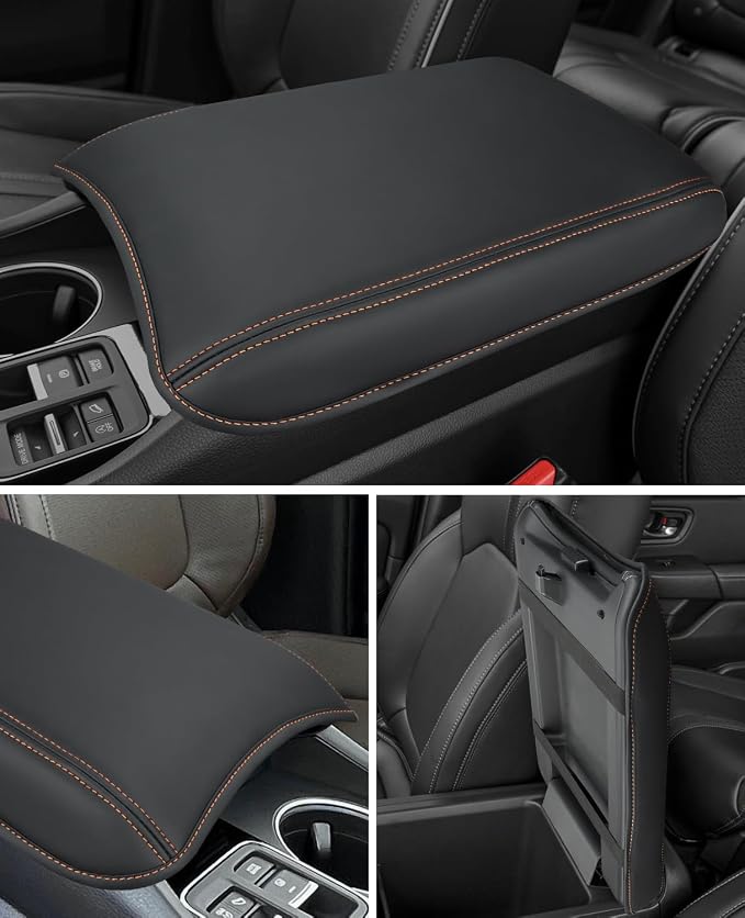 INTGET Center Console Cover for Honda Pilot Accessories 2023 2024 2025 2026,Ridgeline/Passport 2024-2026 Leather Car Armrest Arm Rest Box Lid Middle Seat Protector (Orange Stitches with pad, 2023+)