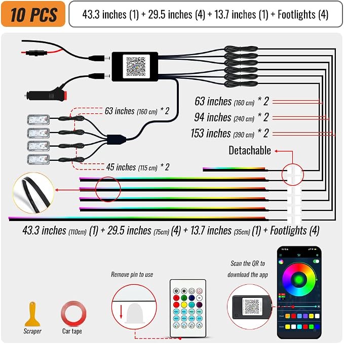 Ambient Lighting Car Led Lights Interior Kit,10 in 1 RGB Music Sync Acrylic Led Lights for Car Interior,175 inches Fiber Optic Neon Accent Strip Night Ambiance Footwell Lighting with Wireless APP