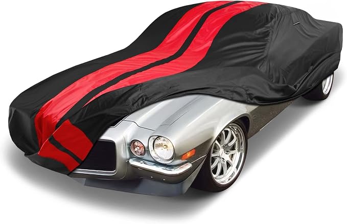 iCarCover Fits [1967-1973 Chevrolet Camaro Z28, SS] Premium Custom Car Cover Waterproof All Weather Resistant Outdoor Indoor Sun Snow Storm Protection Form-Fit Padded Cover with Straps - Black/Red