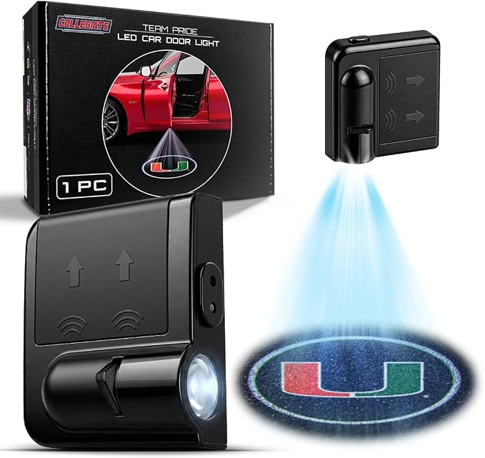 Sporticulture American Football Miami Hurricanes Car Door Lights Logo Shadow Display - Officially Licensed NCAA Car Accessories - Show Your Team Pride - Battery Powered, Universal Fit