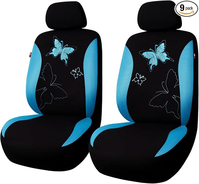 Flying Banner Butterfly car seat Covers ful Set Fashion Universal Lady Woman Female Rear Bench Split Colorized (Mint Blue, 2 Fronts - Lace)