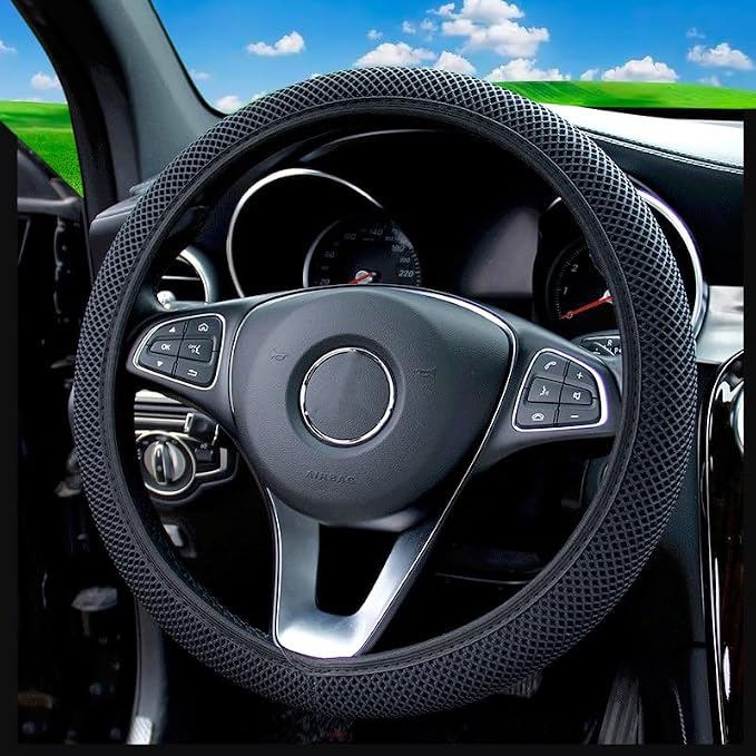 Breathable Stretch Elastic Steering Wheel Cover, Cool in Summer and Warm in Winter, Soft Microfiber Ice Silk Cloth Fabric, Universal 14.5-15 in, Fit Suvs, Vans, Sedans, Cars, Trucks (A-Black+)