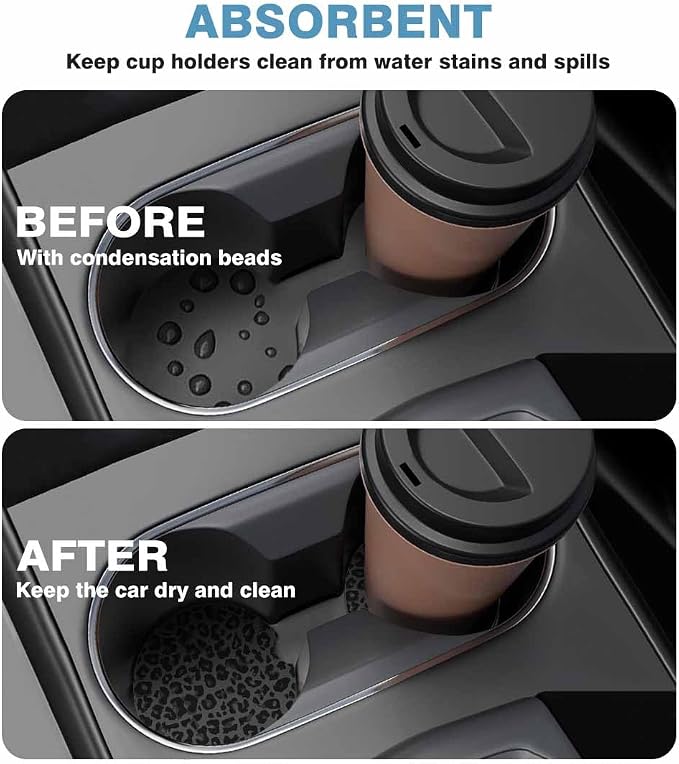 Leopard Skin Spots Car Cup Holder Coaster 2 Pack Absorbent Ceramic Car Coasters for Cup Holders Car Accessories Interior for Women Men Universal Anti Slip Cork Base Cup Coasters with Finger Notch