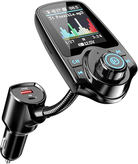 Nulaxy [2026 KM18 Upgraded Version] 1.8" Color Screen 48W Bluetooth 5.4 Car Adapter, Dual Fast Charging Ports [PD 30W & QC3.0 18W] Wireless Radio FM Transmitter, Hands-Free Call, 7 EQ Modes, Black