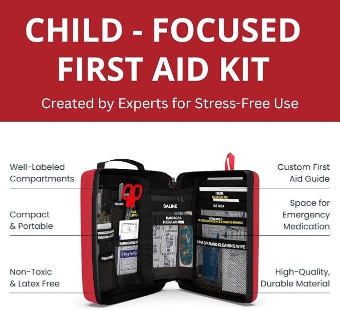 Portable First Aid Kit for Kids with CPR Shield - Ideal for Home, Car, School, Camping, and as a Travel First aid kit. Latex-Free Bandages – Children First Aid Guide by The Life Safety Pro