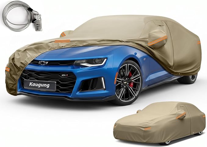 Kaugung Custom Fit Car Cover for Chevrolet Chevy Camaro (2010-2026), Heavy Duty All Weather Waterproof Outdoor Cover, Sun Rain Snow UV Protection with Driver Door Zipper, Mirror Pockets & Air Vents