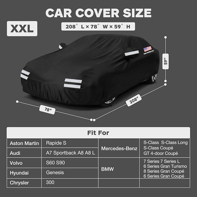 Sedan Car Cover, Full Car Cover Waterproof All Weather Dustproof, Snowproof, UV Protection Outdoor Car Covers for Automobiles Universal Fit for Sedan Car Cover Size 208''L x 78''W x 59''H