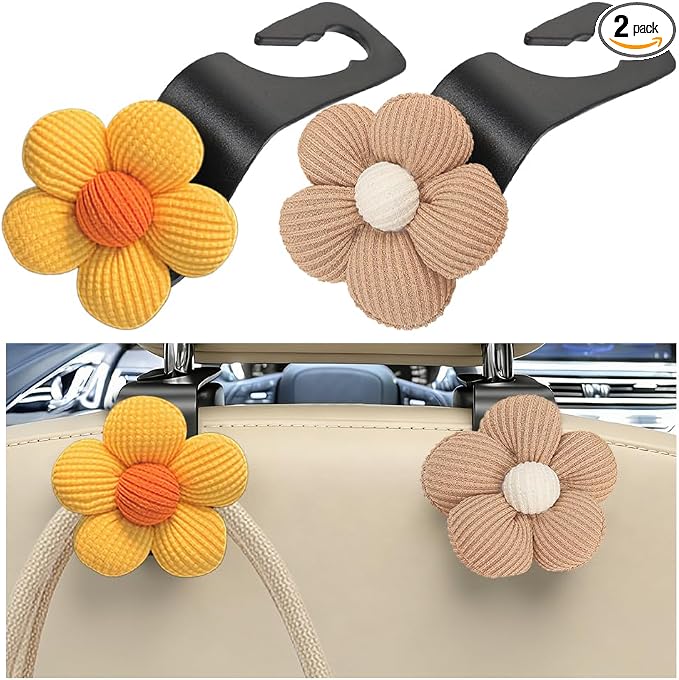 2PCS Car Seat Headrest Hook, Cute Flower Vehicle Backseat Purse Handbag Storage Hanger, Floral Auto Seat Back Holder Hook for Coat Umbrella Grocery, Universal for Vehicles (Brown/Yellow)