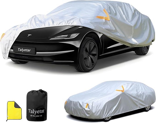 Car Cover Waterproof All Weather fit for Tesla Model 3,Heavy Duty Outdoor Cover with Driver Side Zipper & 3 Windproof Straps – Sun,Rain,Snow,Frost,Dust Resistant