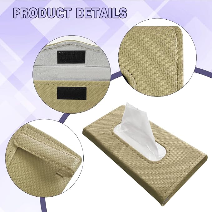 Car Visor Tissue Holder, Tissue Box Holder for Car, Leather Auto Sun Visor Napkin Case Mask Dispenser, Automotive Accessories Rectangular Hanging Auto Napkin Box Fit for Most Vehicles (Beige)