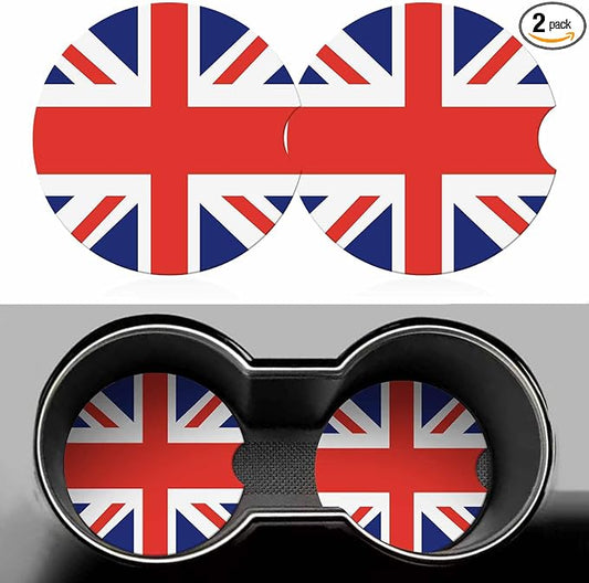 United Kingdom UK Flag Car Cup Holder Coaster 2 Pack Absorbent Ceramic Car Coasters for Cup Holders Car Accessories Interior for Women Men Universal Anti Slip Cork Base Cup Coasters with Finger Notch