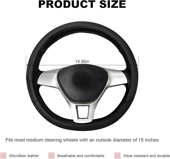 Leather Steering Wheel Cover, Anti-Slip Full Surround Car Wheel Protector with Comfortable Grip, Universal Elastic Decorative Cover Fit for 14 1/2-15 Inch Steering Wheels (Black)
