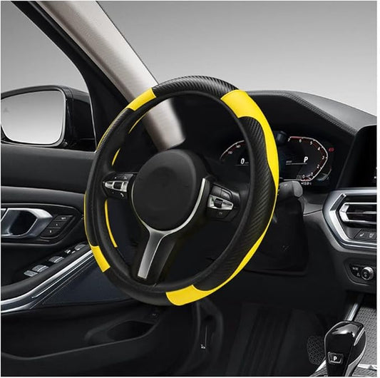 DXNQ Car Steering Wheel Cover, 15 Inch Carbon Fiber Leather Stitching Color Steering Wheel Protector, Anti-Slip Elastic Breathable Steering Wheel Cover Stylish Decor for Most Cars (Yellow)