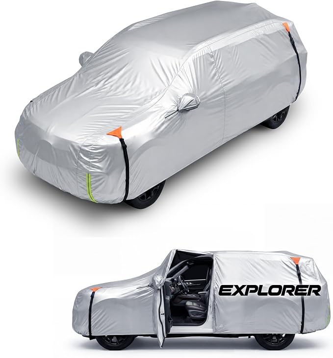 Wigoo Ford Explorer Car Cover Accessories 2006-2026, Custom Fit Waterproof All Weather Outdoor Indoor Full SUV Cover, Windproof Sun UV Rain Snow Dust Protection, Door Zipper, Reflective Strips