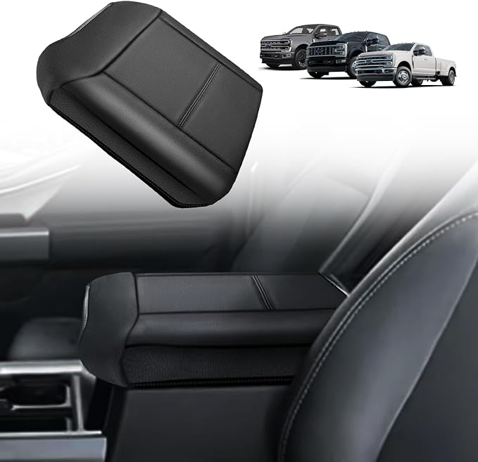 Muslogy Center Console Armrest Cover Fit for Ford F250 F350 F450 2023-2025 2026 Super Duty Accessories, Comfort Armrest Pad Console Lid Cushion Vegan Leather 1-Inch Extra Thick(BucketSeat ONLY)