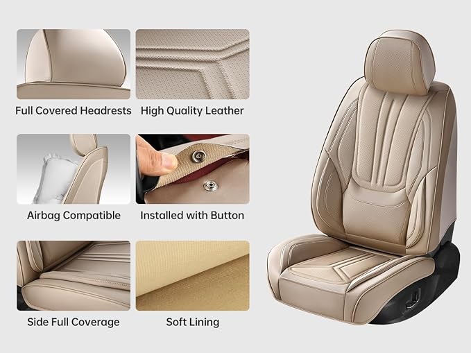 Car Seat Covers Full Set Beige, Premium Leather Car Seat Covers, Waterproof and Breathable Seat Covers, Universal Car Seat Protector Fit for Cars, Trucks, SUVs, Pick-ups