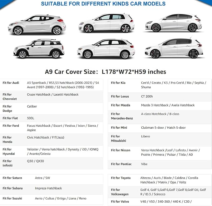 KouKou Hatchback Car Cover Waterproof All Weather Outdoor for Automobile Protection, Fit VW Golf GTI, Toyota Matrix, Audi A3,Ford Focus, Honda Fit, etc. (Length up to 178 inches)