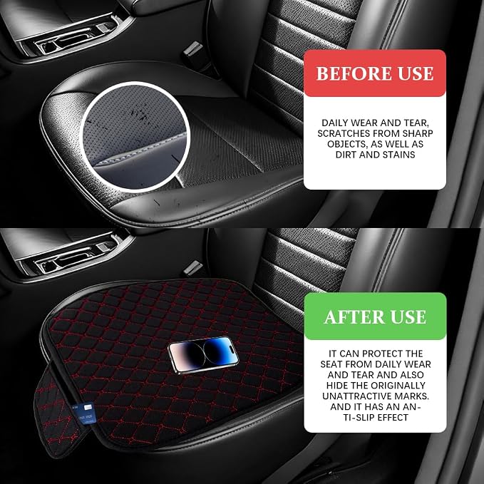 Leather Front Car Seat Cover, Anti-Slip Car Seat Bottom Covers, Full Wrapped Bottom Seat Protectors with Storage Pocket, Universal Comfortable Seat Cushion Fit Vehicles SUVs Trucks (K2-Black Red)