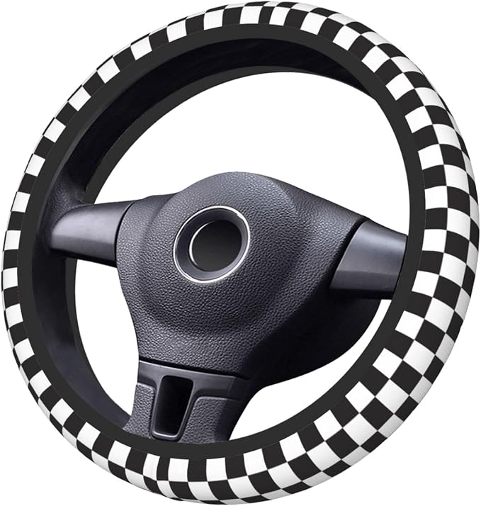 Black and White Checkered Steering Wheel Cover for Women, Universal Auto Steering Wheel 14-15 Inch Car Interior Accessories with 2PCS Car Coasters, Suitable for Men and Women