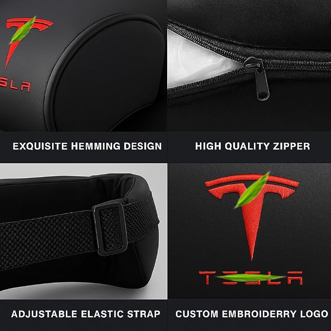 Car Headrest Neck Pillow Support Ergonomic, with Valve Stem Covers Accessory for Driving Seat Fatigue Relief Compatible with Model S X 3 Y & Cybertruck - 2 Pieces
