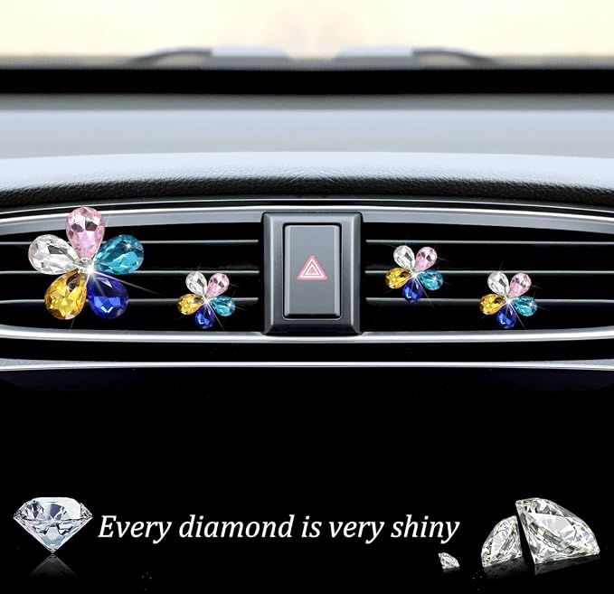 Zpana Bling Daisy Flower Car Air Vent Clips, 5PCS Sparkling Crystal Rhinestone Cute Vehicle Air Conditioning Clamp, Diamond Auto Air Outlet Clip Decor for Women Girls, Universal Fit (Colorful)