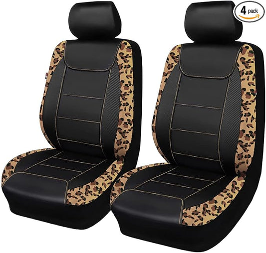 Flying Banner car seat Covers Protects Leopard Printing Polyester and PVC Fiber Front Pair Carbon Fibre (Leopard Black, Front Pair)