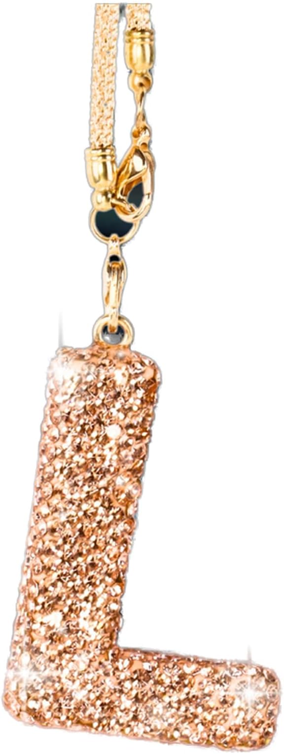 Bling Car Accessories for Women Letter Charm, Rainbow Crystal Rearview Mirror Pendant, Cute Diamond Rhinestone Car Decor, Lucky Gift for Women(L, Champagne Gold)