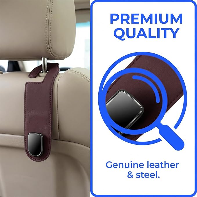 Car Seat Headrest Hook, 2PCS Vehicle Seat Back Hangers Organizer for Handbag Purse Coat, Automotive Interior Headrest Storage Hooks, Universal for SUV Automobile Truck (Brown)