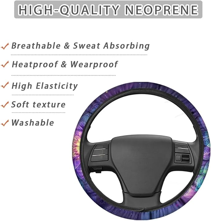 AFPANQZ Automotive Steering Wheel Covers Universal Fit 14 to 15 inch, Purple Bohemian Flower Steering Wheel Protector with Cloth for Women Keep Warm Comfort Grip Sweat Absorption Neoprene
