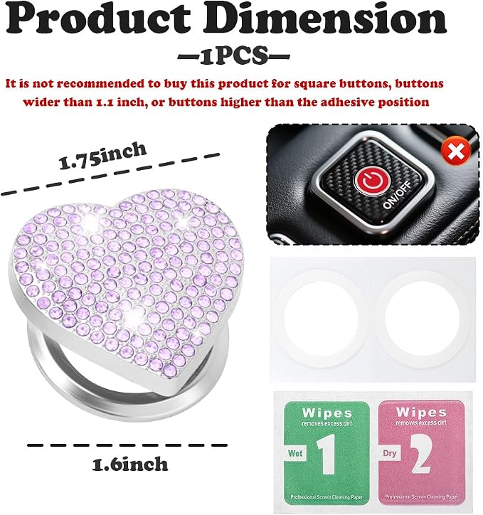 Bling Push Start Button Cover with Rhinestone,Heart Push to Start Button Cover for Car Decor,Diamond Engine Start Buttons Cover Car Accessories Interior for Women & Girl (Purple)