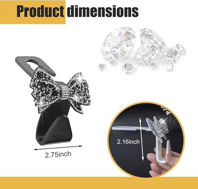 2 PCS Car Bling Seat Headrest Hooks, 3D Butterfly Bow Rhinestone Decoration Hook, Multi-function Storage Hanger for Purses and Bags, Cute Organizer for Car Rear Seat (Black)
