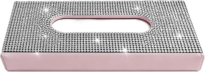 Bling Car Visor Tissue Holder, Shiny Rhinestone Leather Sun Visor Napkin Mask Case Holder Clip, Diamond AUT Paper Tissue Towel Box Dispenser, Universal Fit (White/Pink)