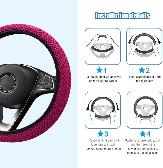 Car Elastic Stretch Steering Wheel Cover, 14.5-15" Breathable Ice Silk Anti-Slip Vehicle Steering Wheel Protector, Comfy Auto Interior Protection Accessories, Universal Fit (Rose Red)