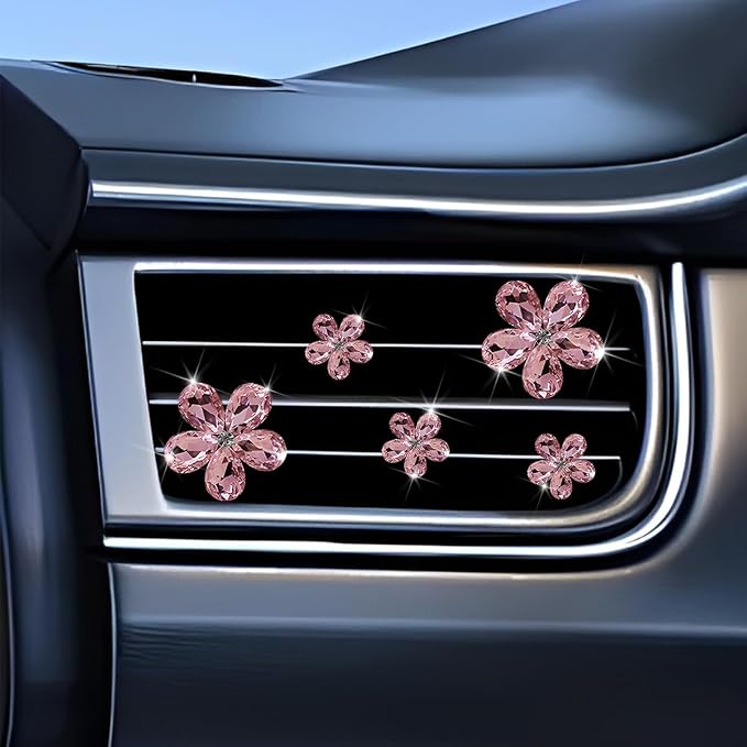 5PCS Bling Flower Car Air Vent Clips, Crystal Rhinestone Vehicle Air Conditioning Outlet Clip, Diamond Automotive Interior Decoration Charm, Universal for Automobile RV Truck (Pink)