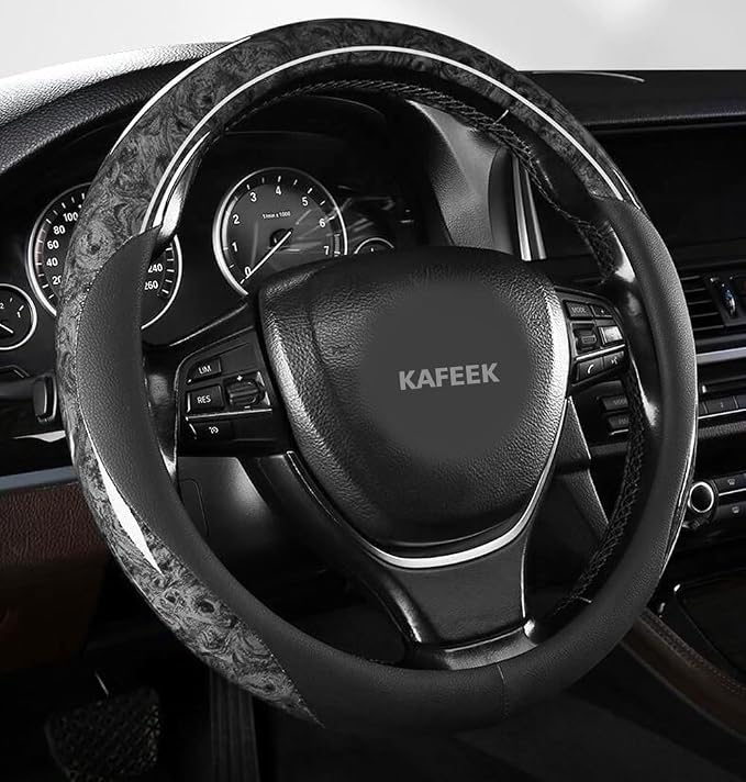 KAFEEK 16 inch Steering Wheel Cover for Ford F150 F250 Ram 4Runner Tacoma | Wood Grain Design with Microfiber Leather, Anti-Slip, Comfortable Grip, Easy to install