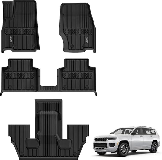 3W Floor Mats Fit for Jeep Grand Cherokee L 2021-2025 2026, TPE All Weather Custom Fit Floor Liner for 1-3 Rows Full Set Car Mats Black (Only for 6 Seater Without Center Console)