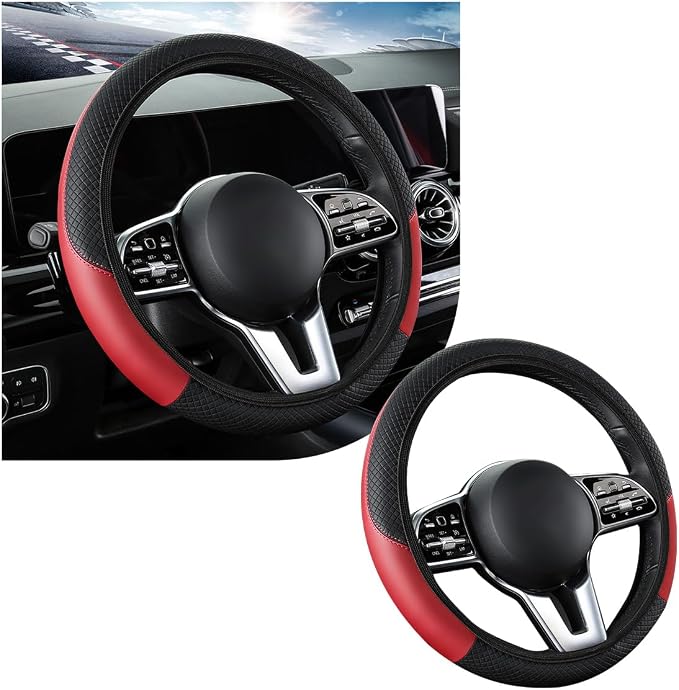 povtii Car Steering Wheel Cover, 15 Inch Leather Breathable Auto Steering Wheel Protector, Comfortable Non-Slip Vehicle Steering Wheel Covers, Universal Interior Car Accessories (Black+Red)