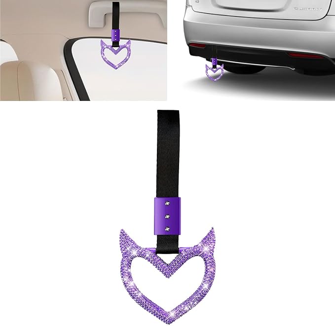 NBTEPEM Bling Heart Handle Keychains Bling Car Accessories for Women Hand Strap Drift Charm Rear Bumper Warning Ring Tsurikawa Heart Decor for Car Interior Exterior Decoration (Purple, Devil Style)