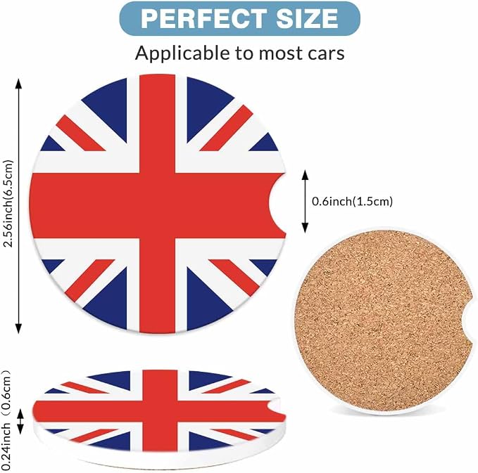 United Kingdom UK Flag Car Cup Holder Coaster 2 Pack Absorbent Ceramic Car Coasters for Cup Holders Car Accessories Interior for Women Men Universal Anti Slip Cork Base Cup Coasters with Finger Notch