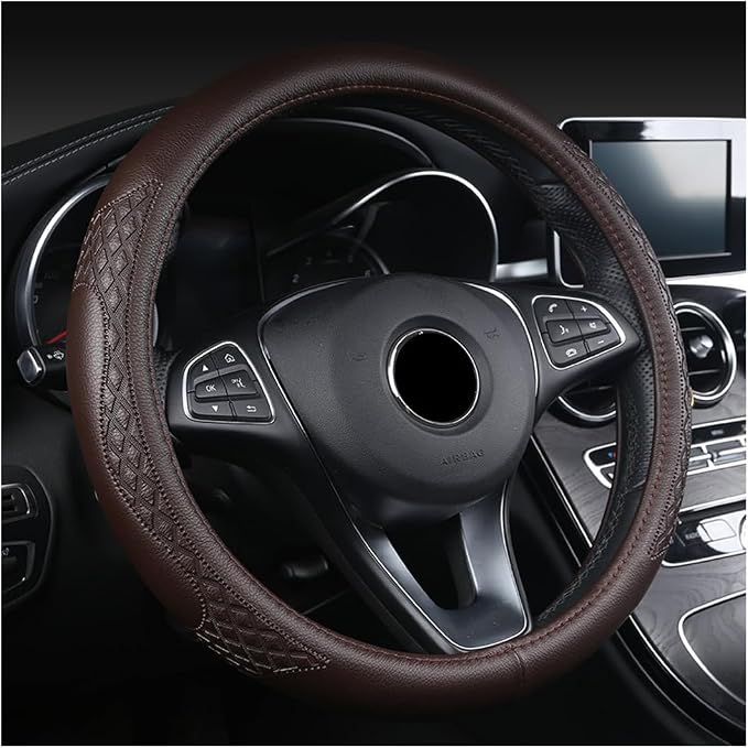 AUCELI Car Steering Wheel Cover, 14 1/2-15 inch Non-Slip Soft Breathable Leather Automotive Steering Wheel Protecteor, Vehicle Accessories for Men Women, Universal for SUV, Truck, RV（Coffee）