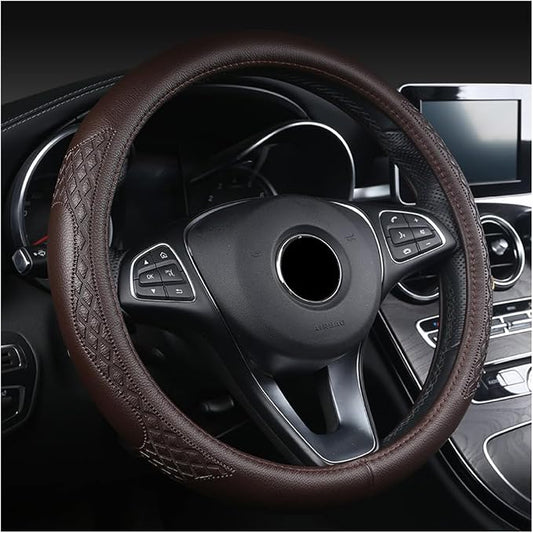 AUCELI Car Steering Wheel Cover, 14 1/2-15 inch Non-Slip Soft Breathable Leather Automotive Steering Wheel Protecteor, Vehicle Accessories for Men Women, Universal for SUV, Truck, RV（Coffee）