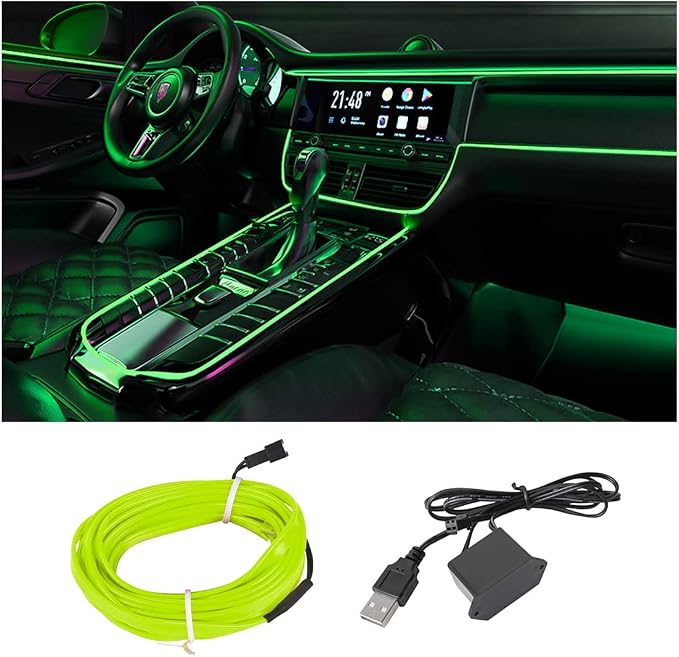 EL Wire LED Strip Lights, USB Auto Neon Light Strip with Sewing Edge, 16FT Electroluminescent Car Ambient Lighting Kit with Fuse Protection, Car Decoration Accessory (Green/16FT)