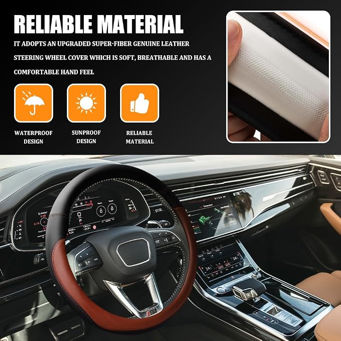 Car Steering Wheel Cover, 15 Inch Napa Leather Car Steering Wheel Protector, Slip-Resistant Elastic Steering Wheel Handle Cover, Universal Interior Accessories for Cars Trucks SUVs (Coffee)