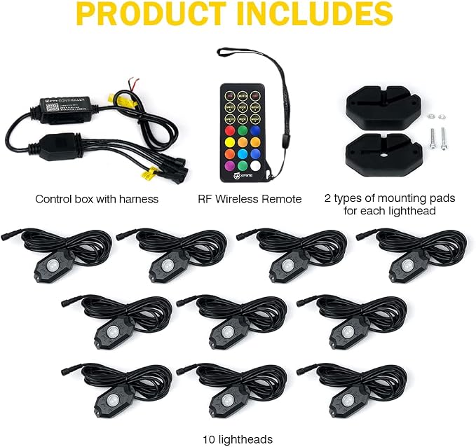 Xprite Colorful LED Rock Lights Kit with Bluetooth & Wireless Remote Controller, Multicolor Cars Underglow, Wheel, Footwell Neon Light Kits, for Off-Road UTV ATV Trucks SUV Motorcycle Boats - 10 Pods