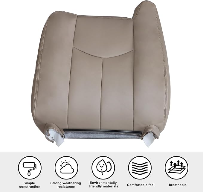 SecosAutoparts Tan #522 Front Driver and Passenger Side Bottom and Top Lean Back Replacement Leather Seat Cover Compatible with Chevy Silverado GMC Sierra 1500 2500 3500 HD 2003 2004 2005 2006 2007