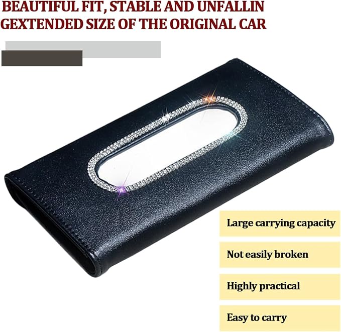 Bling Car Sun Visor Tissue Holder, Sparkling Crystal Rhinestone Visor Paper Towel Mask Box Holder, Glitter Diamond Auto Interior Napkin Cover Case, Universal for Truck SUV Van (Black)