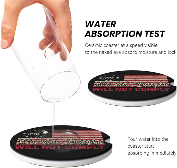 Vintage America American Flag Absorbent Ceramic Car Coasters 2 Pack Round Insert Cupholder Coaster Car Cup Holder Mat with Finger Notch Anti-Slip Cork Base Reusable Drink Coasters 2.56 in