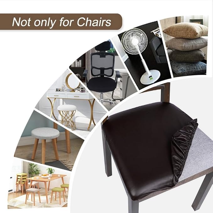 SearchI Waterproof PU Leather Seat Covers for Dining Chairs, 4 Pack Stretch Dining Room Chair Seat Covers, Kitchen Chair Seat Covers Protectors (Deep Brown)
