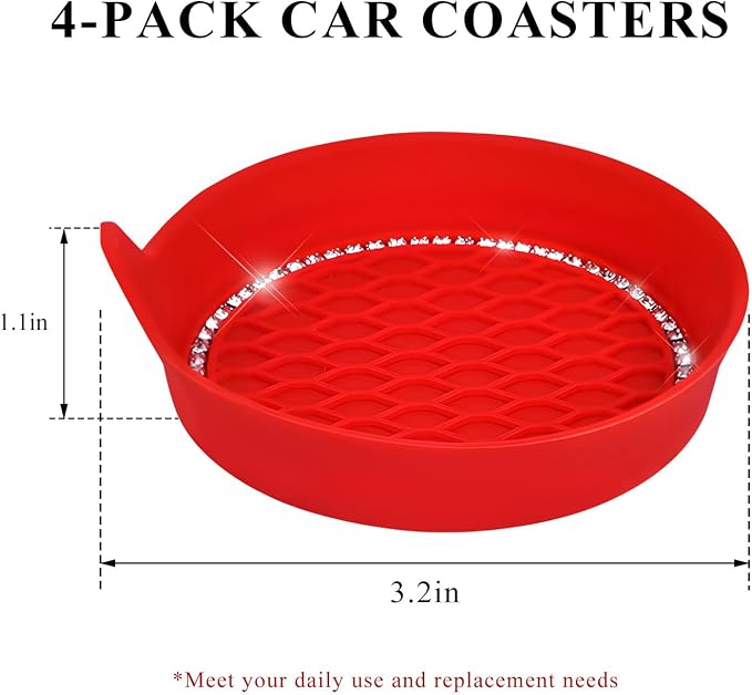 Sun Walker 4 PCS Bling Car Cup Holder Coaster, Non Slip Sparkly Rhinestone Cup Holder Pad Insert Coaster, Shockproof Silicone Shiny Embedded Drink Mat Interior Decor for Most Vehicles (Red)